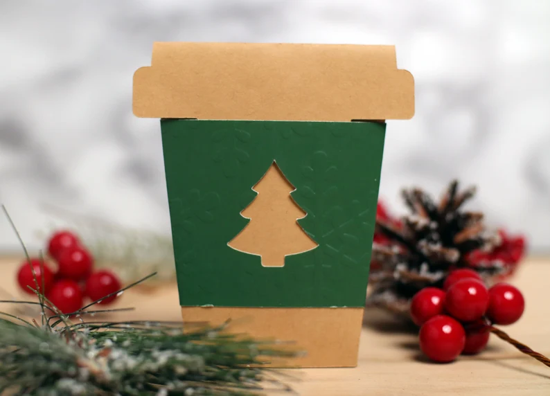 Coffee Cup Gift Card Envelope – Christmas Tree: A Festive 3D SVG for Local Business Branding